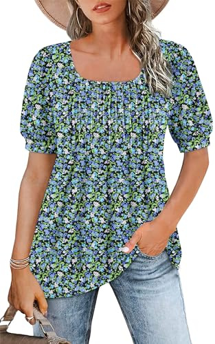 WNEEDU Tee Shirt Femme col Carré Tunique Femme Été T-Shirt Manches Courtes Chemise Fluide Plissée Hauts Chic Élegant Ample Top Fleurs Bleues Vertes XL