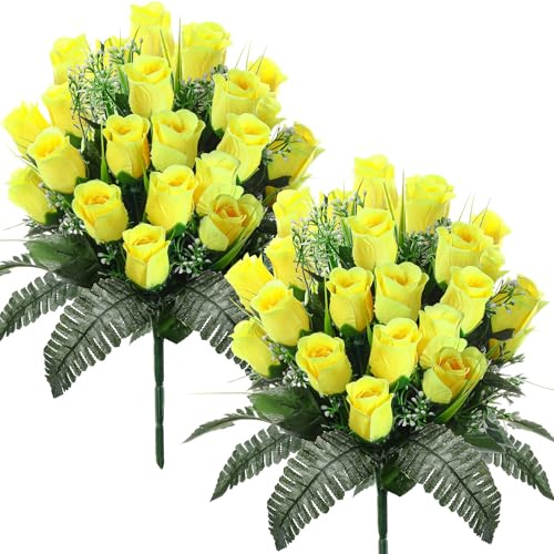 XunYee 2 Pack Memorial Day Cemetery Flowers with Grave Vase 48 Heads Artificial Memorial Flower Bouquet Silk Rose Spring Floral Arrangement for Gravesite Headstone Outdoor Decor(Yellow)