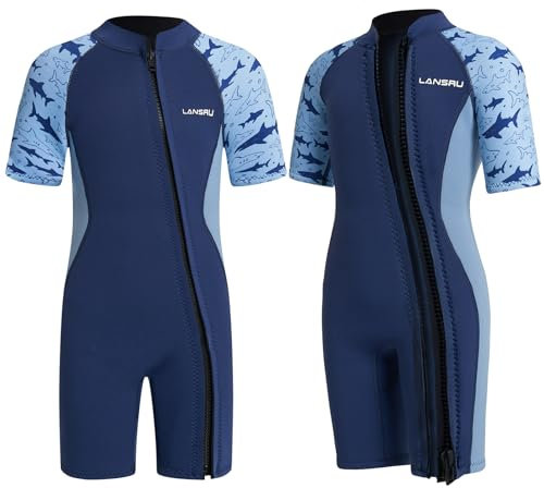 Lansru Neoprenanzug Kinder - 2,5 mm Kurzneopren mit verbessertem SCR-Material, Pionierweiser Durchgehender Reißverschluss und UV-Schutz Thermal Wetsuit für Surfen,Schwimmen und Tauchen