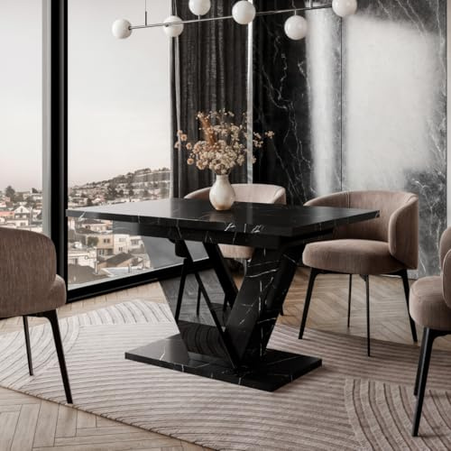 PROROOM FURNITURE Dubai Säulentisch für Esszimmer 120-160x80 cm Ausziehbarer Gästetisch Moderner Stil Schwarze Marmoroptik