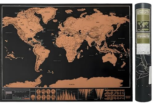 Mappa del mondo da grattare, mappa da grattare 42,5 x 30 cm, set completo con tutti gli accessori, bandierine colorate e adesivi, mappa come poster da parete da appendere, per gli amanti dei viaggi