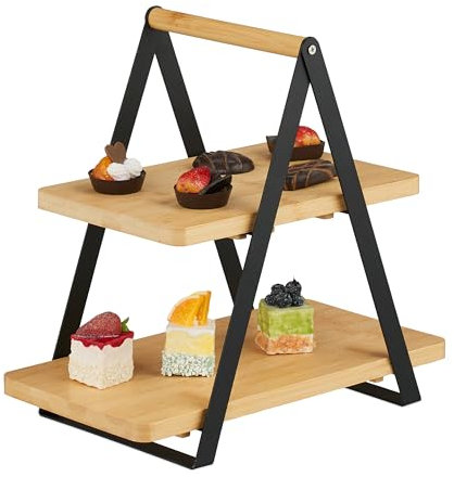 Relaxdays Etagere, 2 Etagen, Bambus, Metall, länglich, Griff, Kuchen, HBT 33 x 34 x 19 cm, Servierständer, natur/schwarz