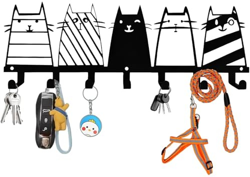 BEJAGWUS Schlüsselbrett Modern aus Metall,Hakenleiste mit Katzenkunstmuster,Schlüsselhalter Schlüsselhaken Wandgarderobe mit 7 Haken,Wand Deko für Flur,Wohnung,Wohnzimmer & Küche (5 Katzen)