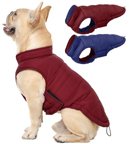 QBLEEV Reversible Dog Coat for Medium Dogs, Waterproof Windproof Winter Jacket Keeps Dogs Warm in Snow, Adjustable Hook & Loop Lightweight Dog Puffer Vest, Wine Red, L – Fits French Bulldog