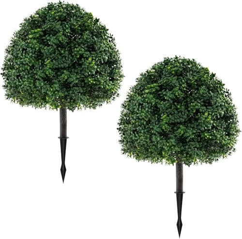 Set di 2 piante artificiali a sfera, piante finte con picchetto, resistenti ai raggi UV, pianta topiaria finta per casa, ufficio, decorazione per interni ed esterni (2 pezzi)