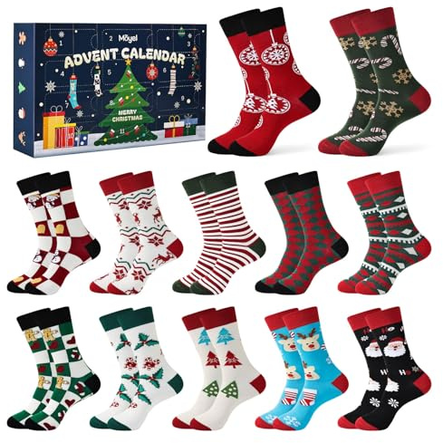 Moyel 12 paia Calendario Avvento Calzini Uomo 43-46 Regalini per Calendario Avvento 2025 Idee Calendario dell'avvento Uomo Advent Calendar 2025 per Lui Idee Regalo Natale Maschile