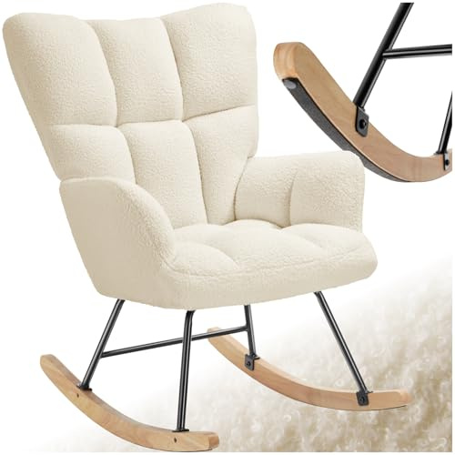 tectake® Mecedora Tapizada, Silla Mecedora, Butaca de Salón con Estructura en Acero y Patines de Madera, Silla Lectura, Sillón Lactancia, Sillón Nórdico Dormitorio, Butaca Relax - Beige