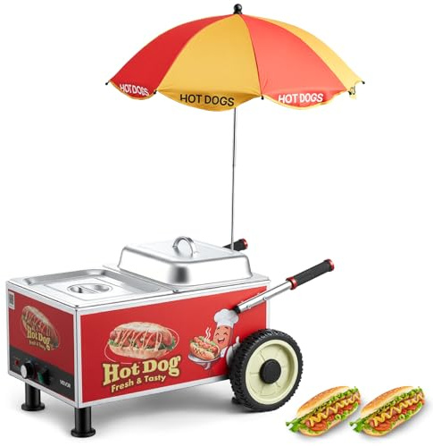 VEVOR Hot Dog Steamer Cart, 1200W Electric Stainless Steel Hot Dog Steam Machine, 86-203°F Temp Adjustable, Portable Cart with Eye-Catching Umbrella & Wheels, for Bakeries, Food Stands, Parties