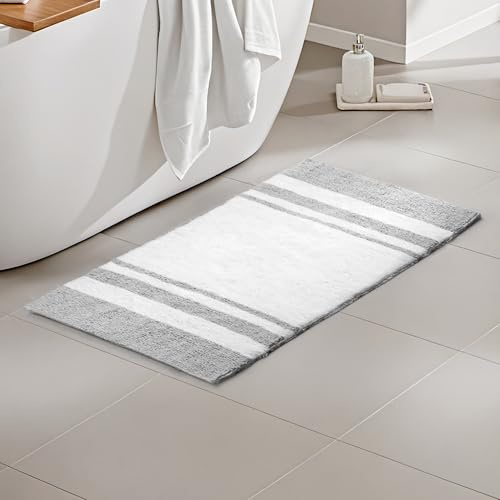 Madison Park - Spa Reversible Cotton Bath Rug - Grey - 20(W) x 30(L) - Striped - Water Absorbent- Fast Drying- Bath Mats - Feels Fluffy - Stylish & Sophisticated