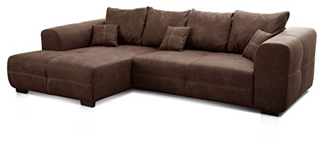 Cavadore Ecksofa Mavericco / XXL Eckcouch Inkl. Rückenkissen und Zierkissen / Longchair links / Industrial Style / 285 x 69 x 170 (BxHxT) / Mikrofaser Braun