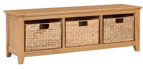 Hallowood Furniture Hereford Oak Storage Bench with Baskets, Solid Wooden Shoe Storage Cabinet with 3 Baskets and Seat, Ready to Use Entryway or Hallway Oak Furniture for Shoes, Bags & Accessories