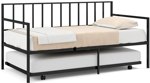 GIANTEX Twin Daybed with Trundle, Metal Twin Size Daybed with Pullout Trundle w/ 4 Casters, Metal Slat Support Sofa Bed for Kids Teens Adults Living Room, Guest Room, No Box Spring Needed, Black