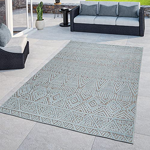 TT Home In- & Outdoor-Teppich, Flachgewebe Für Balkon Terrasse, 3-D Ethno-Look, Türkis, Größe:120x170 cm