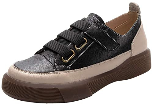 Jamron kvinnors retro stil äkta läder lågtopp sneakers mjuk sula loafers skor med krok och ögla stängning, Svart, 40.5 EU