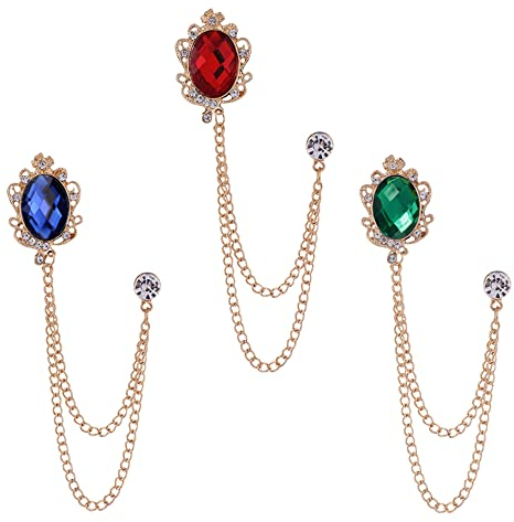 Lot de 3 broches pour homme Épingles à revers Chemises Chaînes à pompons Col de costume chemise clous de revers Chaîne en métal et cristal Accessoires unisexes, Rouge bleu vert Alliage
