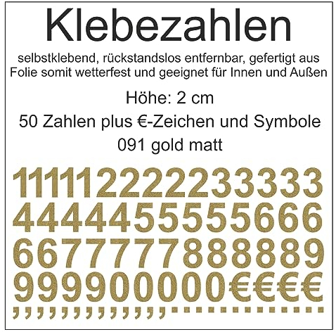 Aufkleber Sticker Klebezahlen Zahlen Nummern Aus Folie - 50 Goldmatte Selbstklebende Wetterfeste Zahlen - Höhe 2 cm - Für Nummerierung, Preisauszeichnung, Beschriftung, Modellbau Und Verzieren