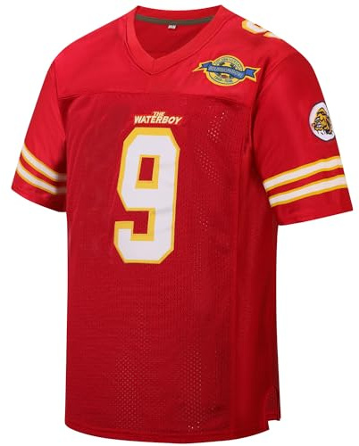 kioken Waterboy Jersey Bobby Boucher #9 Adam Sandler Mud Dogs Bourbon Bowl Football Jerseys, Red, XXL