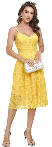 Atnlewhi Robe vintage sans manches avec col en V pour femme - Robe trapèze - Longueur genou - Robe de demoiselle d'honneur - Élégante robe de cocktail, jaune, M
