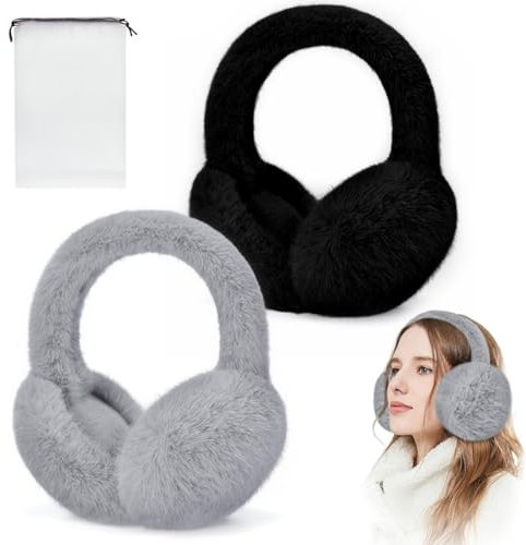 LPAMABA 2 Stuck Ohrenwärmer Damen Winter Plüsch Ohrenschutzer FoldableKälteschutzohrenklappen OhrenwärmerOutdoor Ohrenmuscheln UnisexEarband Earmuffs für Frauen Mädchen(Schwarz+Grau)