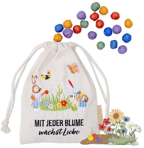 Papierdrachen 20 Blumenkugeln mit Säckchen Osterhasenwelt - Blumensamen - Ostern – bunt bestickt – bienenfreundlich– nachhaltiges Geschenk