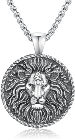 JFASHOP León rey cadena de plata de ley 925 vintage león cabeza animal colgante collar para hombres mujeres madre niña (león rey), M, Plata esterlina, -