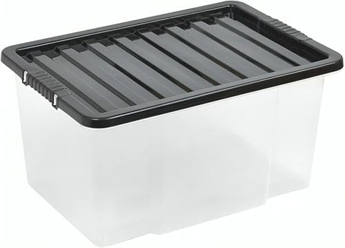 Buystarget 50L Storage Box with Black Lid Large Plastic Storage Container Strong BPA Free Stackable Nestable Non Toxic Multipurpose Transparent Kitchen Home Office Organisation Toys Shoes Parcel