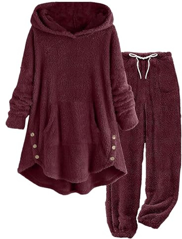 AnnSemo Ensemble de vêtements de détente 2 pièces à capuche pour femme - Pyjama thermique en polaire - Ensemble complet - Pyjama moelleux à jambes larges - Ensemble de gym d'hiver avec poches - Uni