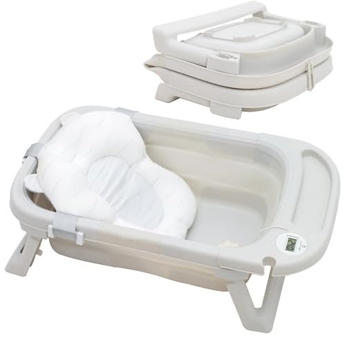 Olmitos - Bañera Plegable para Bebé con Reductor Extraíble, Termómetro y Tapón de Drenaje, Compacta y Antideslizante - Ideal para Viajes (Gris)