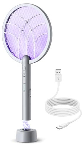 Mosiller Raquette Electrique Insectes, 4000 V 1800 mAh Raquette Anti Moustiques Électrique, Tapette à Mouches électrique avec Base de Recharge USB, pour Moustiques, Mouches, Insectes Volants