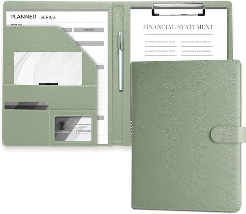 Mymazn Cartella Portadocumenti A4 Pu Pelle Portablocco con Pinza Porta Documenti A4 Blocco Appunti Folio Document Organizer (verde salvia)