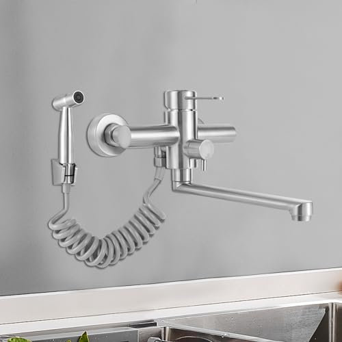 LKHDONG Robinet mural encastré pour cuisine et salle de bain avec pistolet pulvérisateur - En acier inoxydable - Pivotant à 360° - Argenté