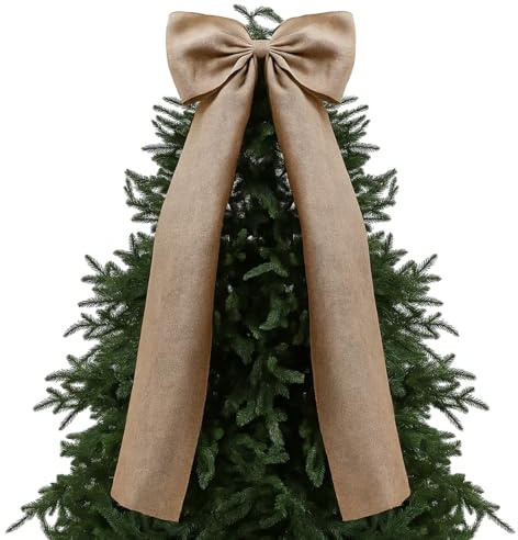 Daifunli 20 x 47 Inches Extra Large Christmas Burlap Bow Giant Christmas Tree Topper Bow Decoration with Long Streamers Ribbon Rustic Wall Decor for Home Xmas Holiday Birthday Wedding Party Decor