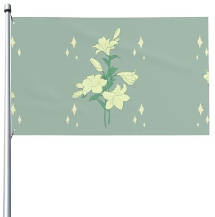 Drapeau de lys blancs de dessin animé. Drapeau de jardin extérieur 0,9 x 1,5 m, bannière en polyester imprimé vif, facile à accrocher pour terrasse, fête, camping
