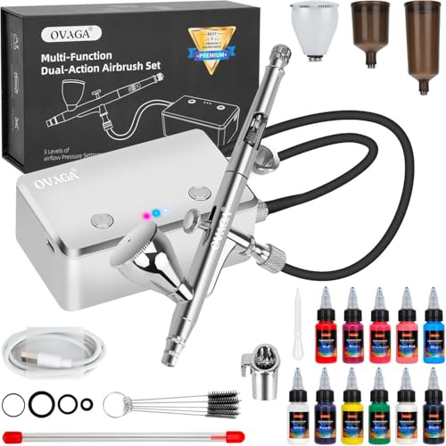 Ovaga Kit de Aerógrafo con Compresor 32 PSI, Juego de Aerógrafo Doble Acción Multifunción Recargable Portátil con Juego de 11 Pinturas para Airbrush para Pintura, Modelos, Decoración, Tartas, Uñas