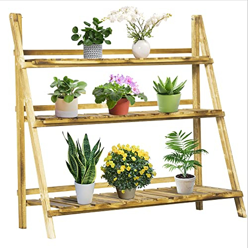 Outsunny Soporte para Plantas de Madera 3 Niveles 100x37x93 cm Carbonizado