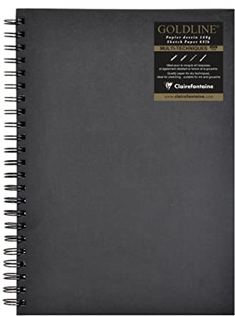 Clairefontaine 34265C Carnet Spiralé Goldline - 64 Feuilles Papier Dessin Noir - A4 21x29,7 cm 140g - Format Portrait - Couverture Rigide Noire Imitation Toile