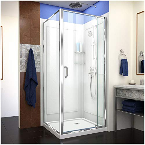 DreamLine Flex 32 in. D x 32 in. W x 76 3/4 in. H Semi-Frameless Shower Enclosure in Chrome with Corner Drain Base and Backwalls, DL-6716-01CL