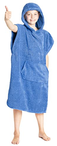 CityComfort Peignoir À Capuche Pour Garçons, Filles | Serviette Poncho Ultra Légère 100% Coton Avec Poche | Sortie De Bain Éponge Pour Vacances, Piscine, Plage, Baignade (10/13 ans, Bleu)