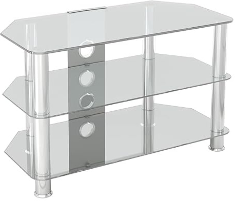 AVF Clear Glass TV Stand - Clear Glass & Chrome Metal Leg TV Unit Floorstand with Cable Management, 80cm Wide, For TVs Up to 43 & 40kg - SDC800CMCC