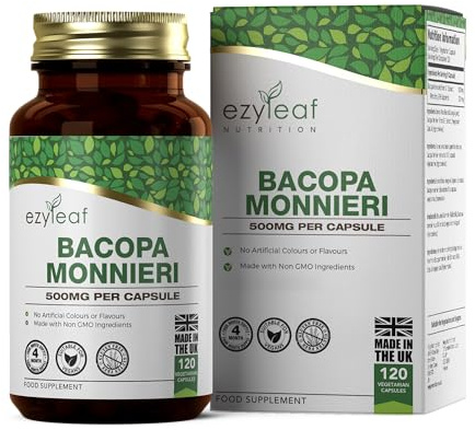 Ezyleaf Bacopa Monnieri 500 mg Integratore Alta Potenza Bacopa | 120 Capsule | Estratto Ayurvedico Brahmi | Vegano, Non-OGM Senza Allergeni e Glutine | Prodotto in UK