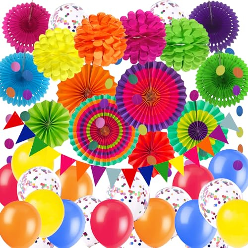 ZERODECO Decorazione per feste, multicolore con coriandoli, palloncini in carta, con ventagli, bandierine triangolari e ghirlande sospese, set di accessori per feste in Messico Cinco De Mayo