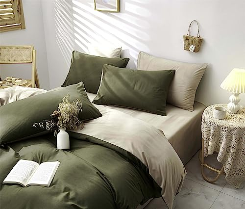 Freyamy Bettwäsche 155x220 cm Grün Dunkelgrün Beige Uni Einfarbig Wendebettwäsche Gewaschene Mikrofaser 2teilig Bettwäsche Set 1 Deckenbezug und 1 Kissenbezug 80x80 cm mit Reißverschlüsse