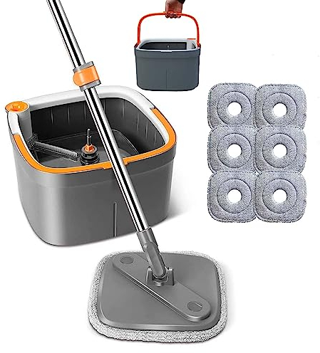 Feloyal Wischmopp Set mit Eimer Bodenwischer Spin Mopp Set mit 6 Mikrofaser-Mopppads mit Selbsttrennendem Schmutz und Frischwassersystem Selbstauswringendem um 360°Drehbarem Quadratischem Moppkopf