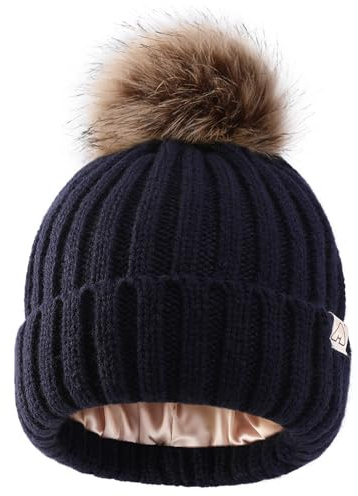 Hat Hut Berretto Bambino Invernale Foderato in Raso per Capelli, Bambini Caldo Cappello a Maglia Pompon Morbido Beanie per Ragazzi Ragazze (IT, Testo, Taglia Unica, A5-Blu Scuro)