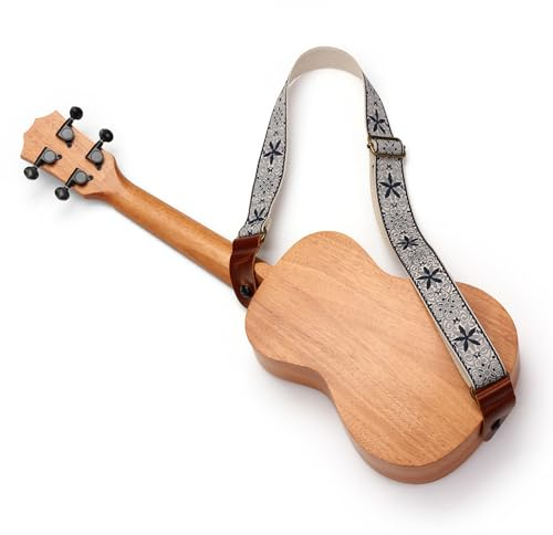 Ukulelengurt, Verstellbarer Ukulelen-Schultergurt aus Nylon und Leder, Bestickte Ukulelengurte mit Einem Lederriemenverschluss, Geeignet für Alle Ukulelengrößen (Stil 1)