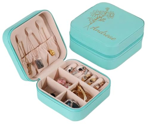 Personalisierte Schmuckkasten Mädchen, Reise Schmuckkästchen Personalisiert, Maßgeschneiderte Schmuckbox mit Ihren Initialen Namen und Geburtsblumen, Geschenk für Frauen und Mädchen