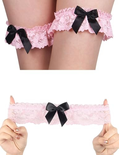 ohyeahlady Garters for Brides Sexy Floral Lace Garter with Ribbon Bow Stretch Leg Ring Wedding Gift in Pink One Size