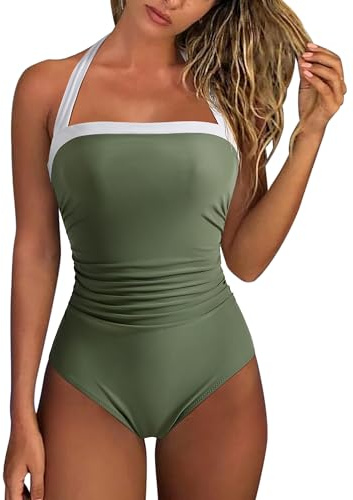 RXRXCOCO Womens Tummy Control Swimwear Halter Neck One-Piece Swimsuits Padded Swimming Costume Green White