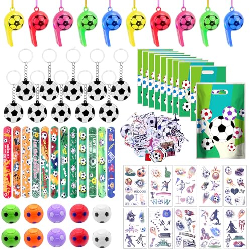 HOVIBU 112 pcs Artículos de Fiesta Fútbol de Cumpleaños, Regalos para Niños, Relleno Piñata de Cumpleaños con Llavero Futbol, Silbato, Bolsa de Regalo, Fútbol Gyro