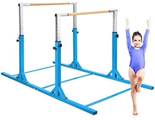COSTWAY Barres Parallèles de Gymnastique Hauteur Réglable 11 Niveaux, Double Barre Gymnastique Charge 100KG à Largeur Réglable, Entraînement pour Enfants 6 à 12 Ans (Bleu)